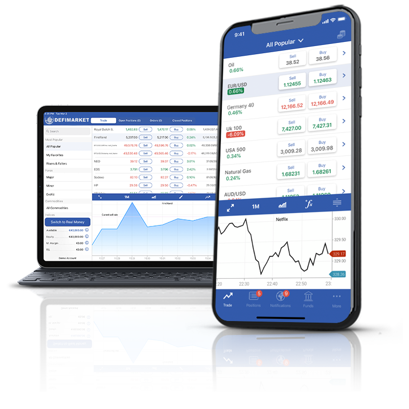 Defimarket trading platform in desktop and mobile view.